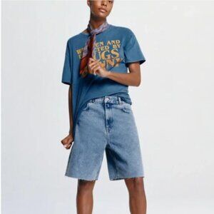 Zara Women's The 90s Bermuda High Rise Cut Off Denim Shorts Size 4 Light Blue